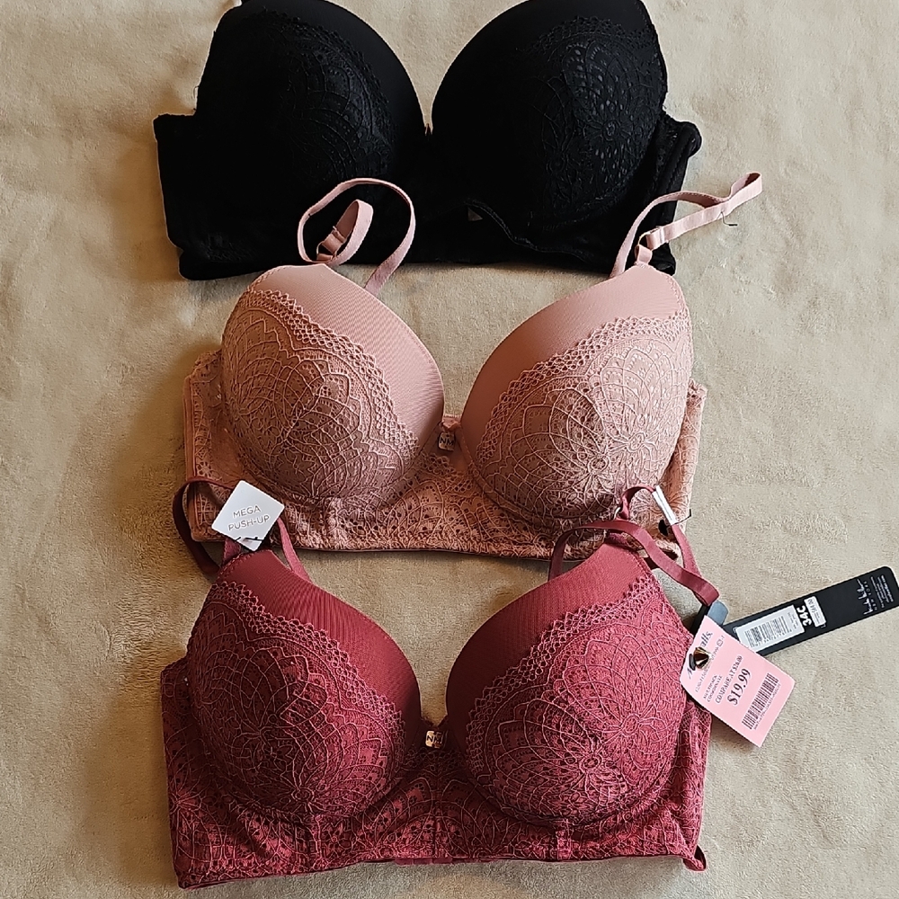 3pcs all$23, Nicole Miller Elegant Lace Bra Trio in Black, Blush, and Burgundy